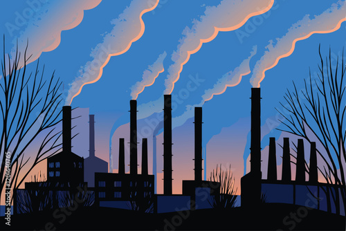 A close-up shot of towering smokestacks billowing white steam into a hazy sky, with a sprawling industrial complex in the foreground.