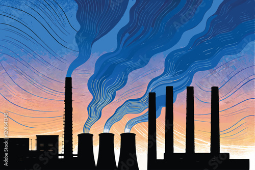 A photograph depicting multiple smokestacks releasing thick plumes of steam against a backdrop of an industrial complex, showcasing the raw power and environmental impact of industrial activity.