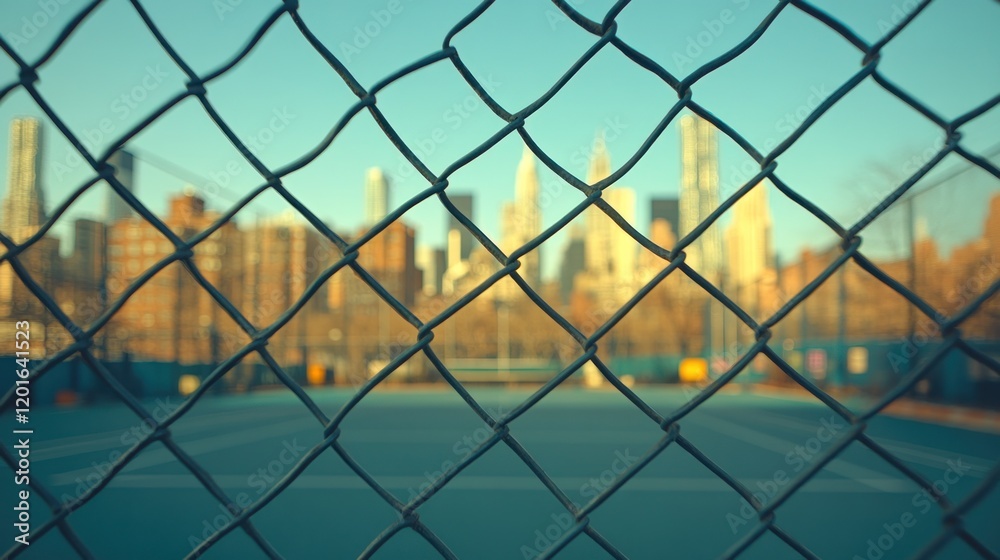 Fototapeta premium Cityscape view through chain link fence.