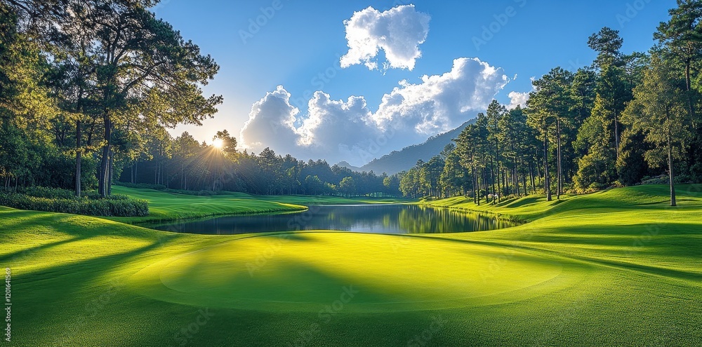 Obraz premium Pristine Green Golf Course with Sand Bunkers