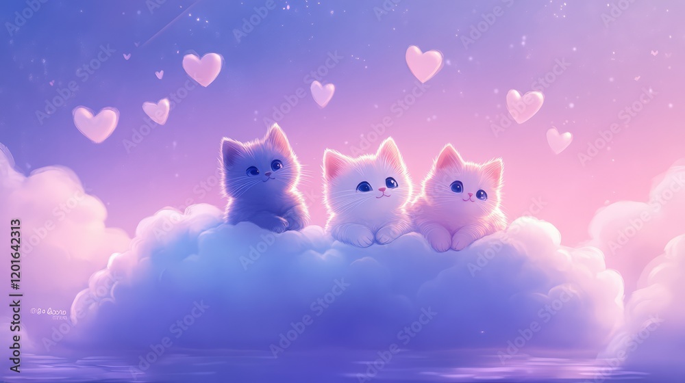 A playful scene featuring three adorable cartoon kittens peeking over a fluffy cloud against a bright, blue sky. A playful scene featuring three adorable cartoon kittens peeking over a fluffy cloud against a bright, blue sky.