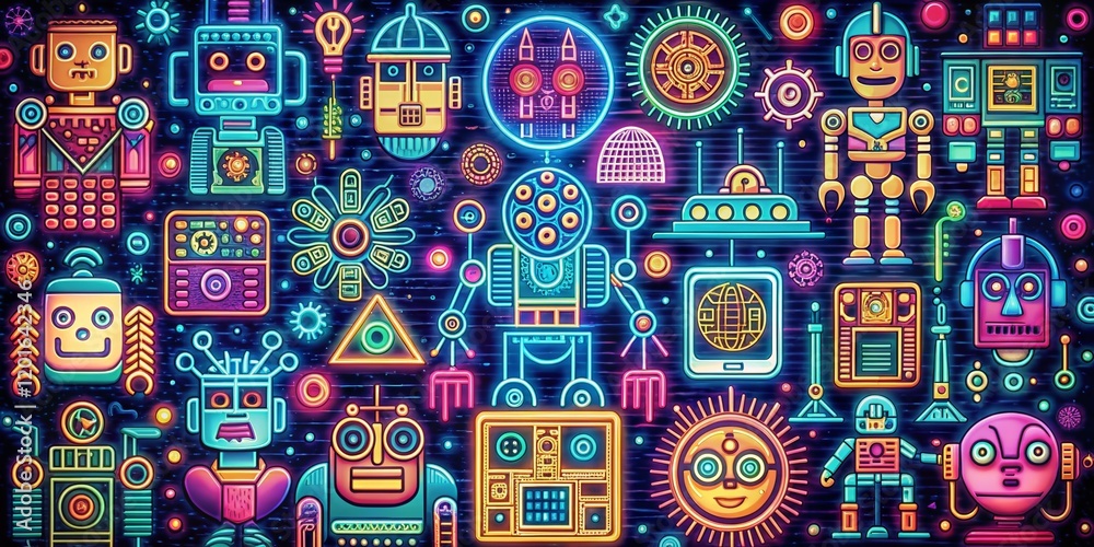 Fototapeta premium Vintage AI Technology: Cybernetic, Machine Learning & Robotic Icons