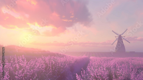 A beautiful sunset over a beach with palm trees and a river. The sky is pink and orange, creating a warm and peaceful atmosphere