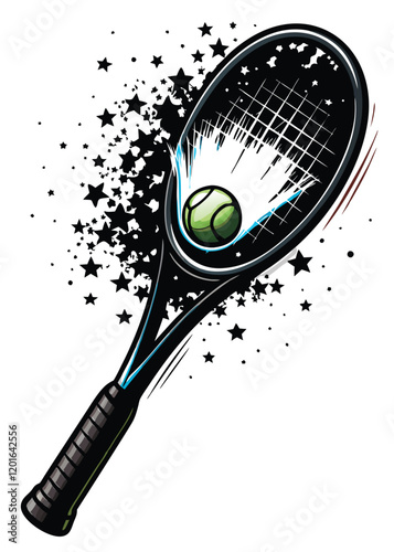A tennis racket, mid-swing, strikes a tennis ball. The ball explodes into a flurry of colorful particles, revealing a hidden image within.