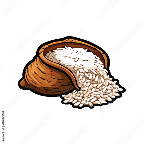 A vector illustration of a burlap bag of rice spilling its contents onto a wooden surface. The rice grains should be depicted in a realistic style, with varying shades of white and beige.