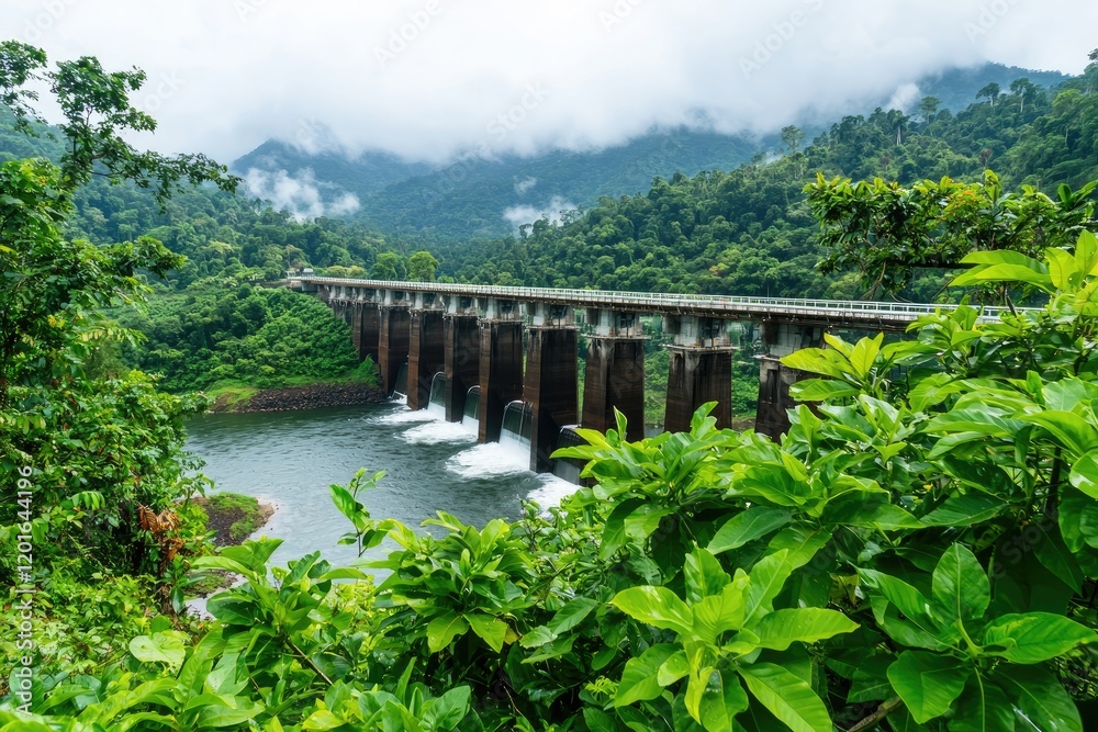 Modern hydroelectric dam surrounded by lush greenery, symbolizing sustainable water conservation practices