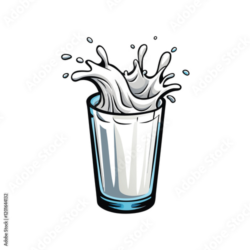 A vector illustration of a clear glass filled to the brim with fresh, white milk. The glass should have a realistic appearance, with subtle reflections and highlights on its surface.