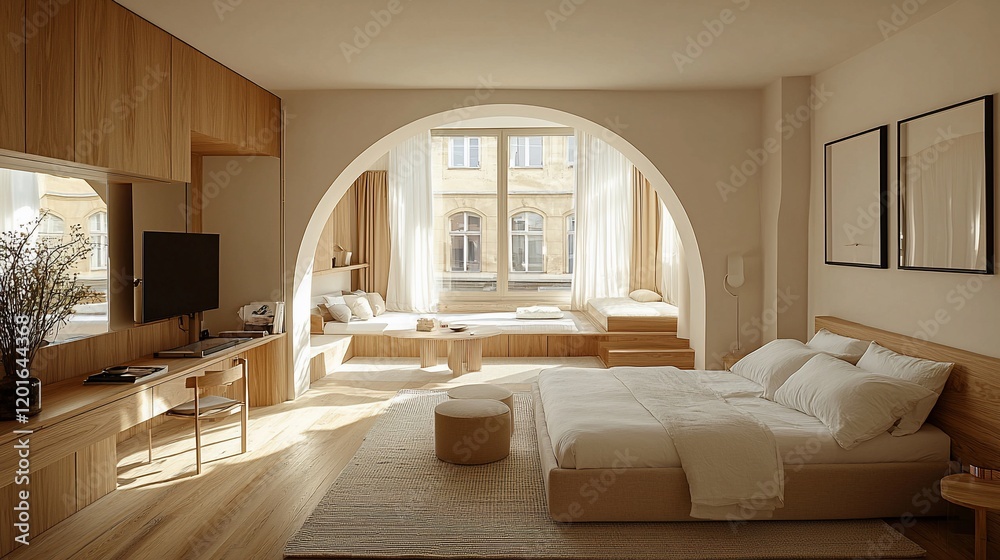Fototapeta premium Sunlit minimalist bedroom with arched window, wooden floors, and built-in seating.
