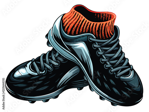 Vector artwork of futuristic soccer cleats with a sleek, aerodynamic design and glowing lights.
