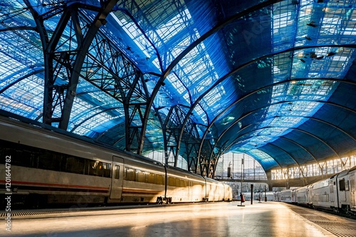 The interior of the France Station in Barcelona at sunrise with trains and sun rays in the morning. Scenic view of a landmark of Barcelona, concept of rail transport and train travel