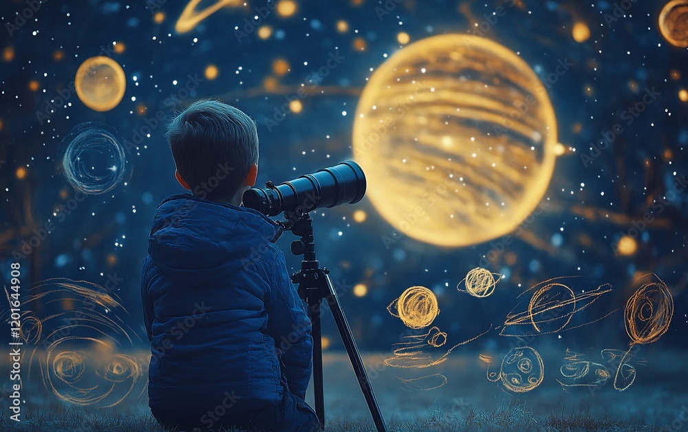 Boy gazing at planets through telescope, night sky background; ideal for education Boy gazing at planets through telescope, night sky background; ideal for education