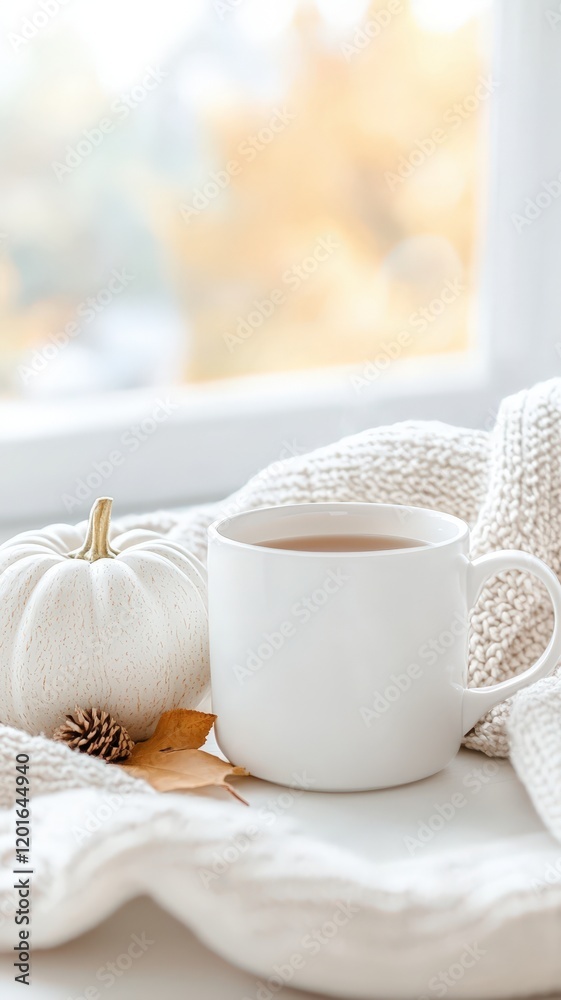 Ceramic white mug coffee holding steaming beverage cozy resting near knitted wool autumn sweater and orange pumpkin, embodying seasonal warmth fall Ceramic white mug coffee holding steaming beverage cozy resting near knitted wool autumn sweater and orange pumpkin, embodying seasonal warmth fall