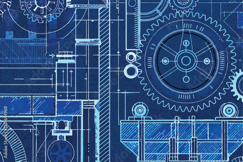 A detailed vector blueprint style background of a modern factory machine, emphasizing intricate gears, cogs, and mechanical components.