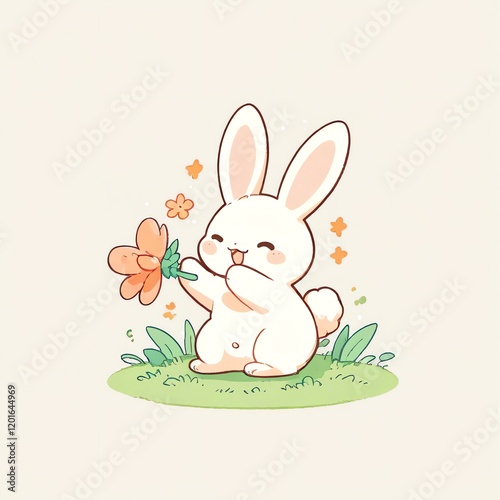 Adorable White Bunny Holding a Flower in a Spring Meadow photo