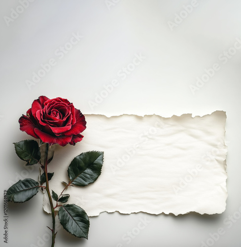 Elegant red rose flower on a torn or ripped paper with copy space. Vintage setup for romantic backgrounds or love concept