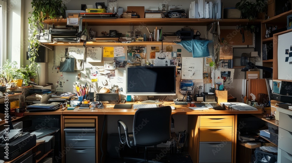 Sunlit Creative Workspace, Cluttered Desk, Busy Office Sunlit Creative Workspace, Cluttered Desk, Busy Office