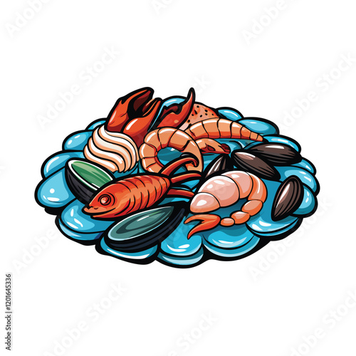 A colorful vector illustration featuring a variety of seafood, including shrimp, crab, fish, and shellfish.