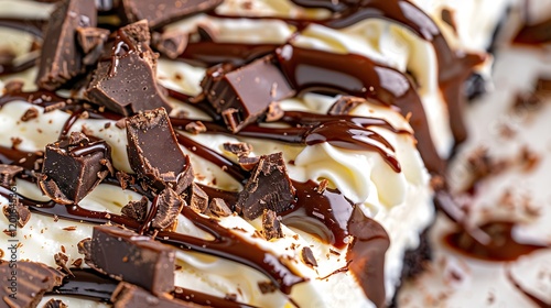 Decadent chocolate dessert topped with rich sauce and dark chocolate shavings, inviting indulgence photo