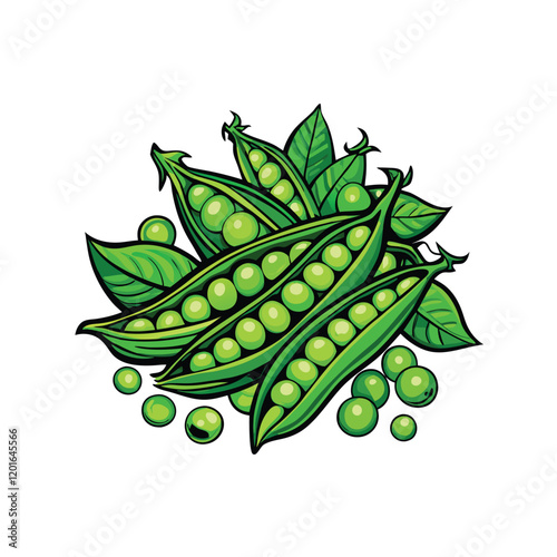 A vibrant vector illustration depicting fresh green peas bursting from their pods, showcasing the vibrant green color and intricate detail of the peas and pods.