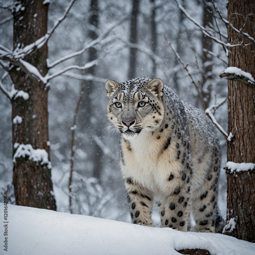 A snow leopard poised to pounce in a snow-covered woodland. A snow leopard poised to pounce in a snow-covered woodland.