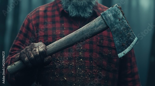 Close-up of a man's hand holding a dirty axe in a forest.