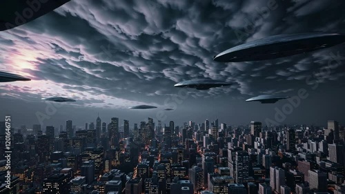 Unidentified flying objects hovering menacingly near glowing urban skyline, casting dark silhouettes against dramatic cloudy twilight backdrop, signaling potential extraterrestrial encounter
