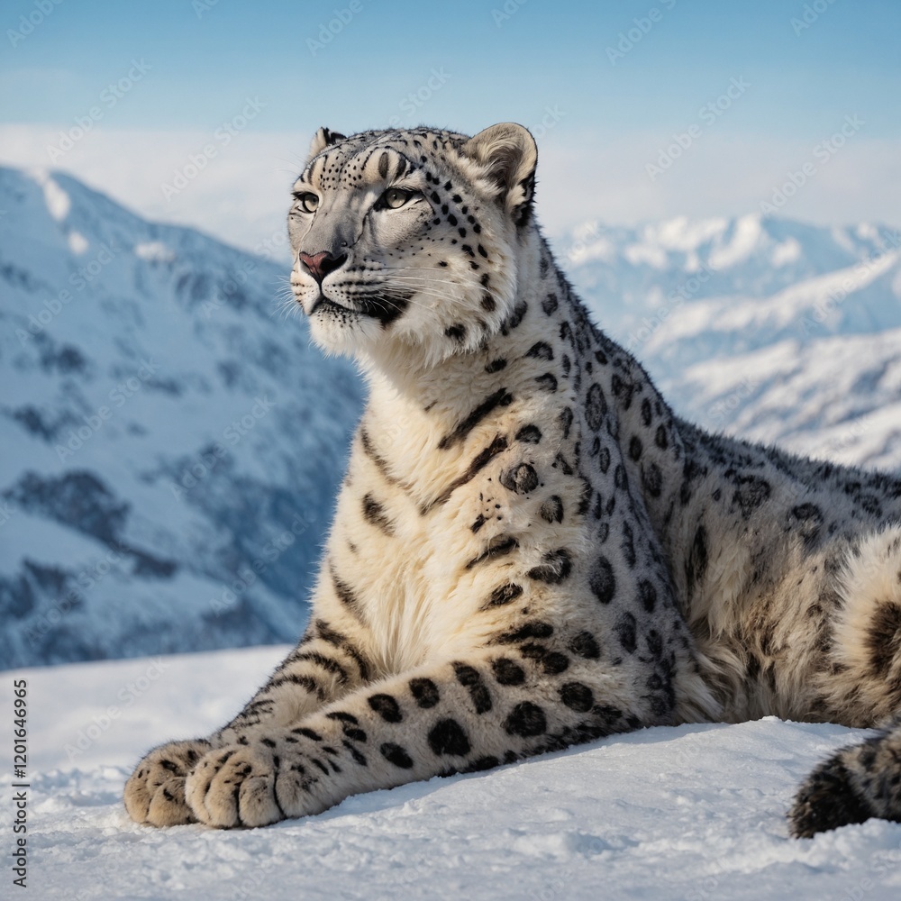 A snow leopard relaxing on a snow-covered slope under a clear sky. A snow leopard relaxing on a snow-covered slope under a clear sky.