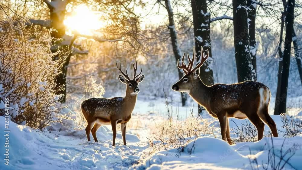 Two deer in a snowy forest with sunlight filtering through trees. Two deer in a snowy forest with sunlight filtering through trees.