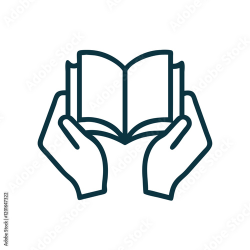 Hands holding an open book illustration in minimalistic style, vector design