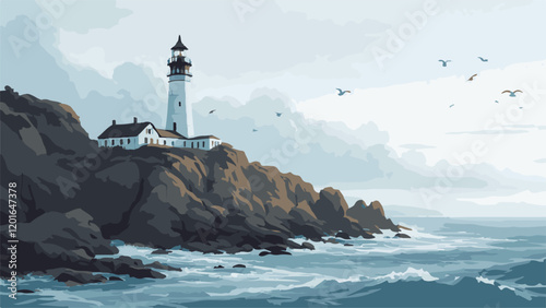 Lighthouse Overlooking the Ocean Vector Illustration