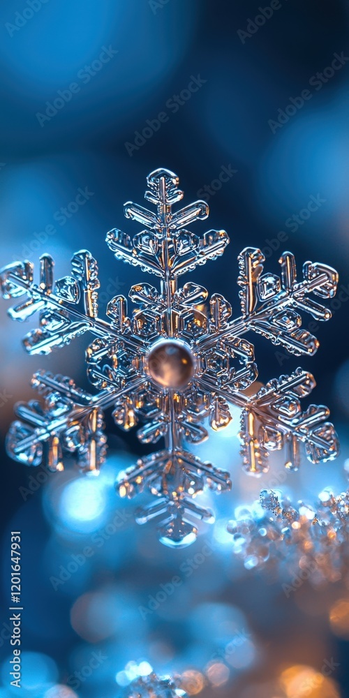 A macro photograph of an intricate snowflake crystal on a blurry blue background. Ideal for winter holiday designs or as a calming nature wallpaper.