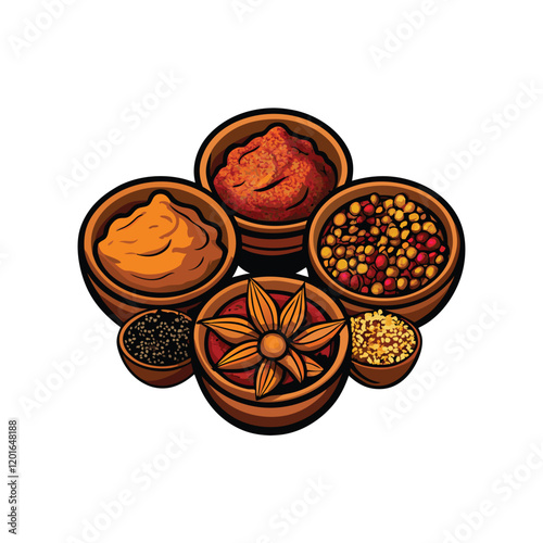Create a vibrant vector illustration of an assortment of spices in small ceramic bowls, showcasing their diverse colors and textures.