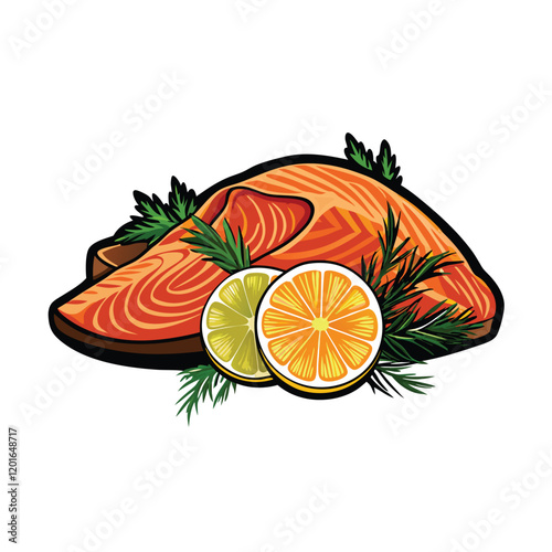 Create a vibrant vector illustration of two fresh salmon fillets, skin side down, with juicy flesh and a lemon wedge on top of each. The image should have a clean, modern aesthetic.