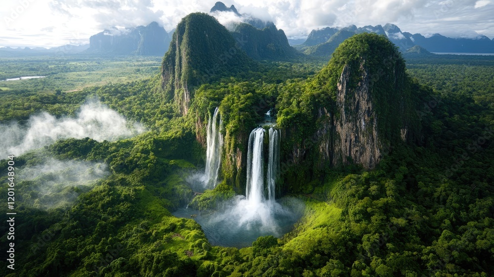 Naklejka premium Lush jungle waterfall, mountainous landscape, aerial view, travel destination