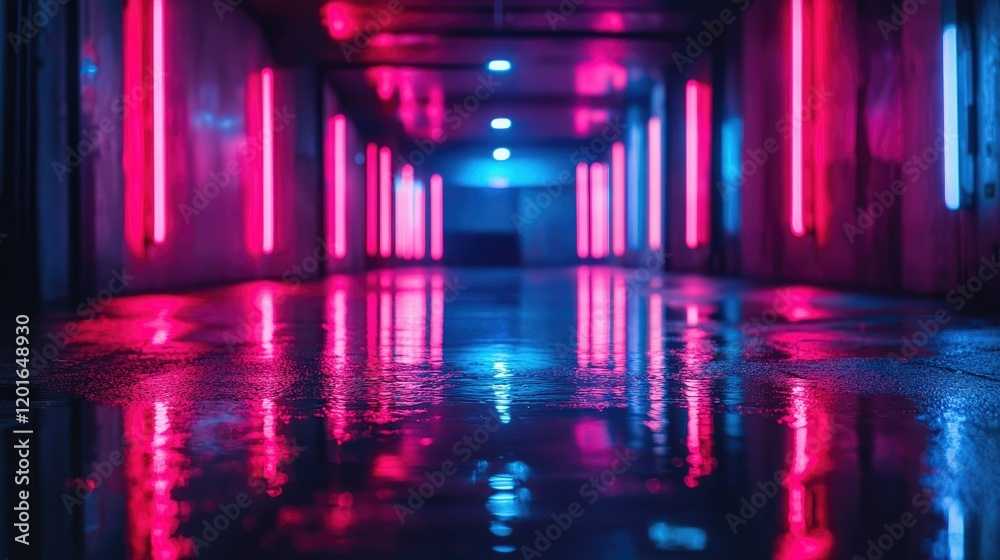 Fototapeta premium Neon Corridor Reflections: A vibrant, futuristic hallway illuminated by pink and blue neon lights, reflected in the wet floor. The scene evokes a sense of mystery and cyberpunk aesthetics.