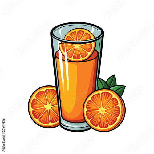 Create a vector illustration of a tall glass filled to the brim with freshly squeezed orange juice. The juice should have a vibrant orange color and a realistic texture.