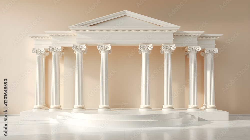 modern big podium with Roman columns and with plexiglass frosted elements and background beige colors. Generative AI modern big podium with Roman columns and with plexiglass frosted elements and background beige colors. Generative AI