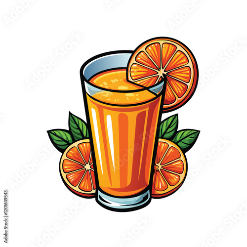 A vector illustration of a glass filled with freshly squeezed orange juice, showing the vibrant orange color, the condensation on the glass, and a few orange slices on the rim.