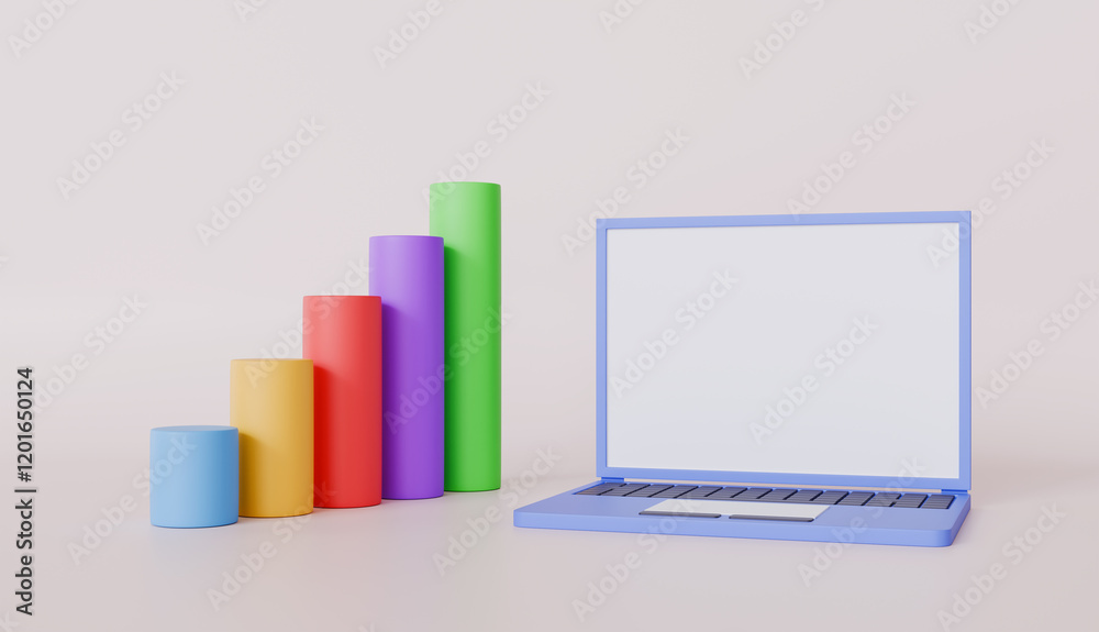 Laptop and bar graph, business strategy and action plan, business goals concept Laptop and bar graph, business strategy and action plan, business goals concept