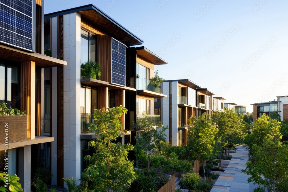 Solar panels integrated into stylish urban buildings, showcasing sustainable living in a cityscape