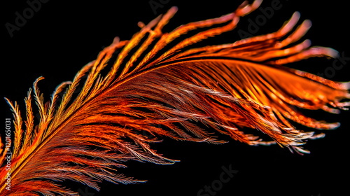 Discovering the beauty of a burnt feather against a minimalistic black background, showcasing intricate textures and vibrant colors in a striking macro shot photo