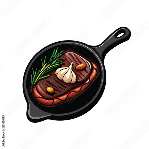 A detailed vector illustration of a juicy steak sizzling in a hot cast iron skillet, with smoke rising from the meat.