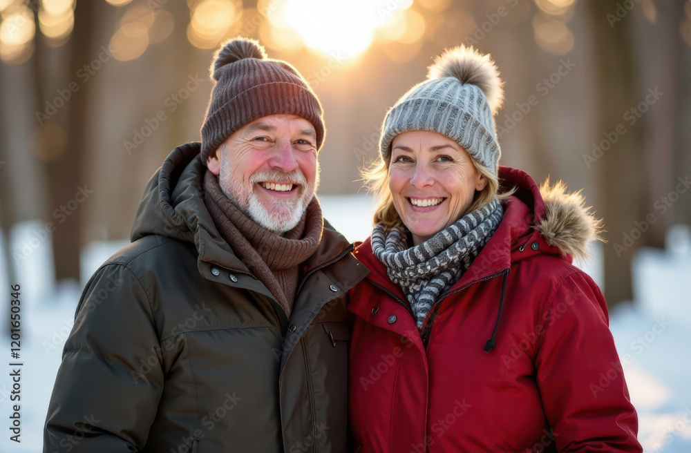 Portrait of happy middle aged couple in warm clothes walking outdoors in winter weather Portrait of happy middle aged couple in warm clothes walking outdoors in winter weather