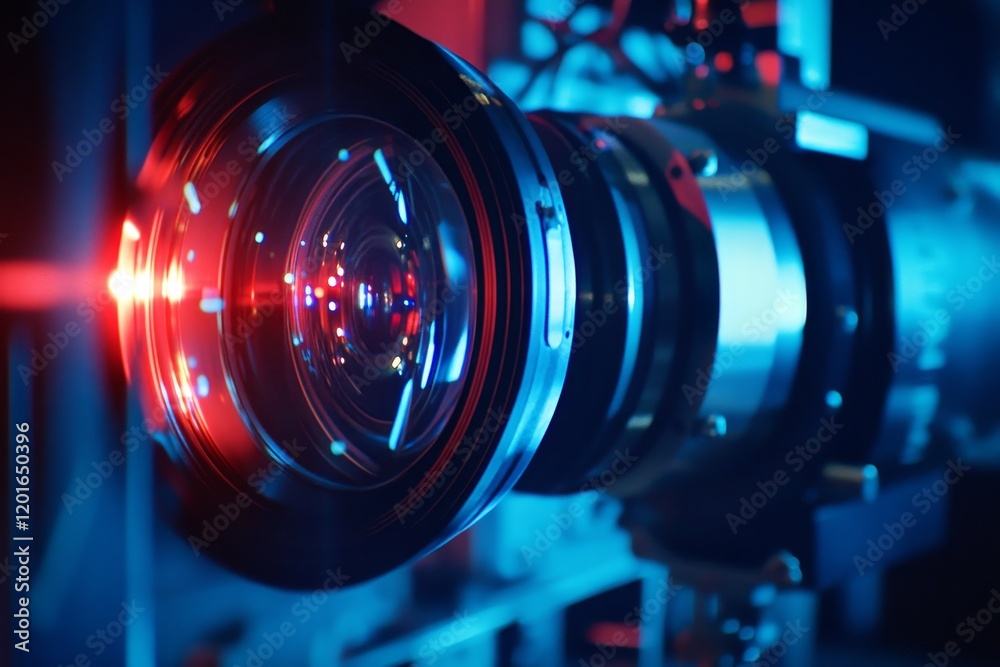 Close-up of a professional camera lens with red and blue lighting. (1)