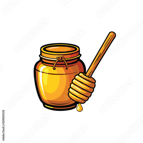 A transparent glass jar filled with golden honey, with a wooden dipper partially submerged. The honey has a viscous texture, creating drips down the side of the jar.