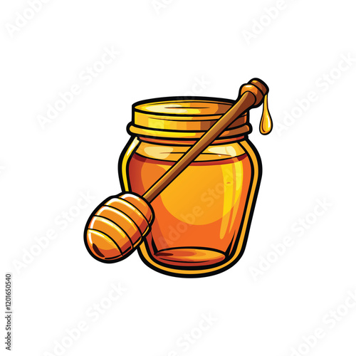 Vector illustration of a transparent glass jar filled with golden honey, featuring a wooden dipper resting on the rim. The jar should have a realistic texture and a slight honey drip on the side.