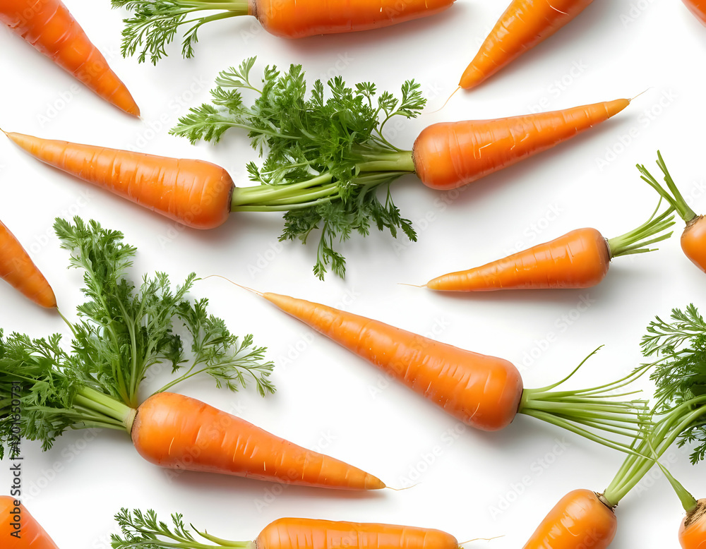 Fresh bright orange carrots with a little green leaf at the end, placed diagonally on a plain white background,
Fresh bright orange carrots with a little green leaf at the end, placed diagonally on a plain white background,