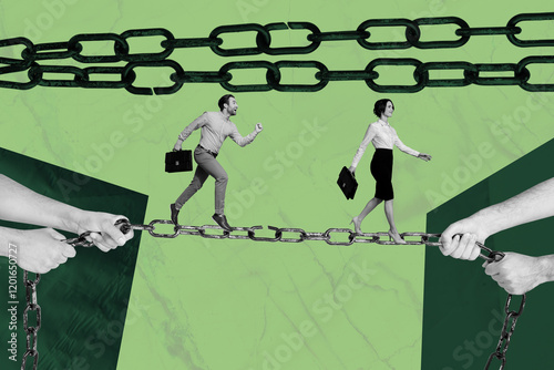 Composite art 3d creative image collage of two happy business girl guy walk metal chain job office occupation carry briefcase trap