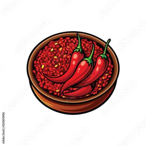 A vibrant vector illustration featuring a collection of red chili peppers and chili flakes arranged in a dynamic and visually appealing composition.