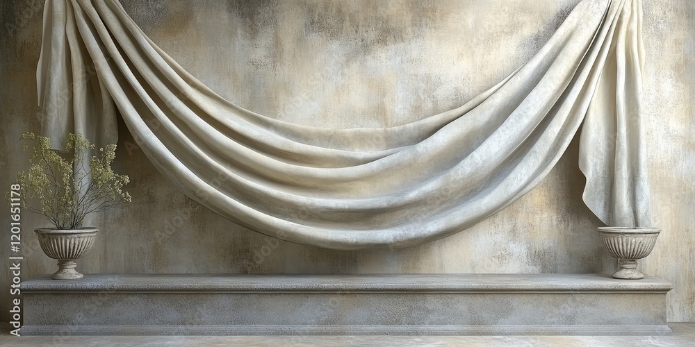 Naklejka premium Draped fabric backdrop, stone niche, plants, classical setting. Ideal for product display